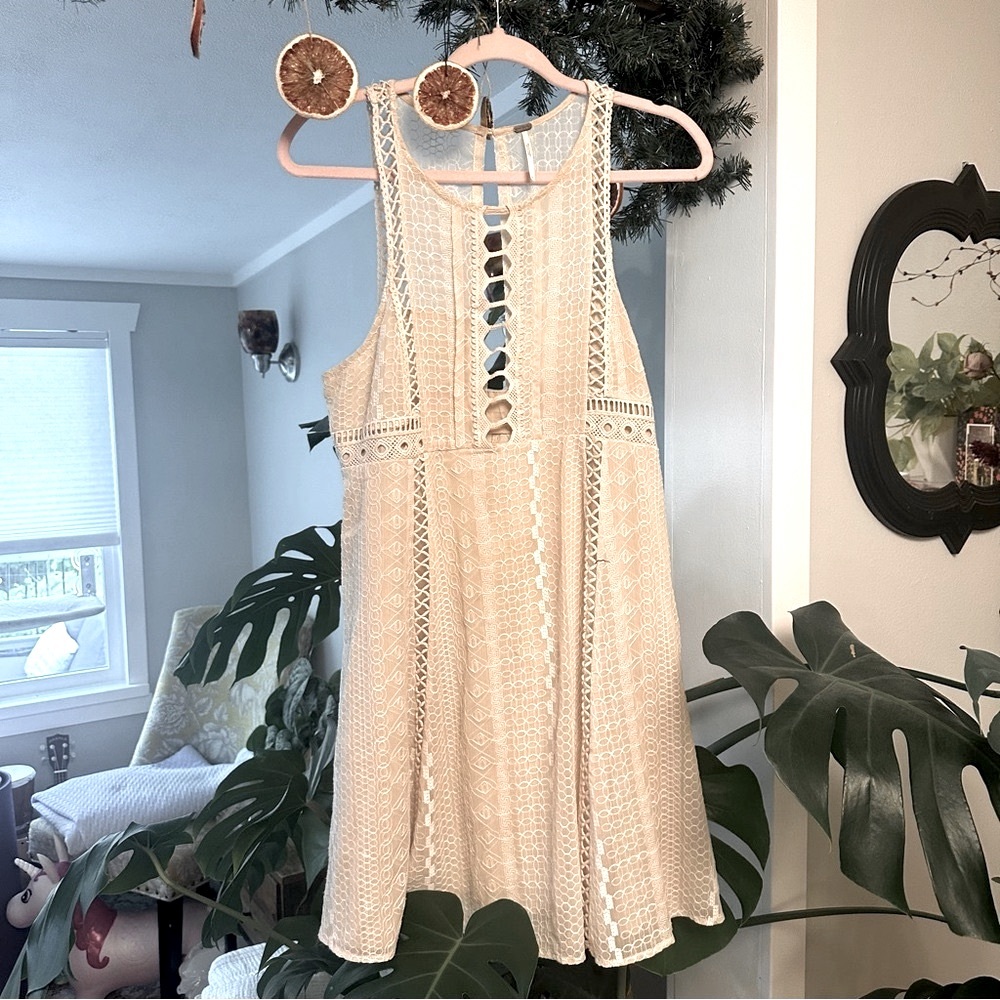Free People Wherever You Go Embroidered Cutout Mini Dress